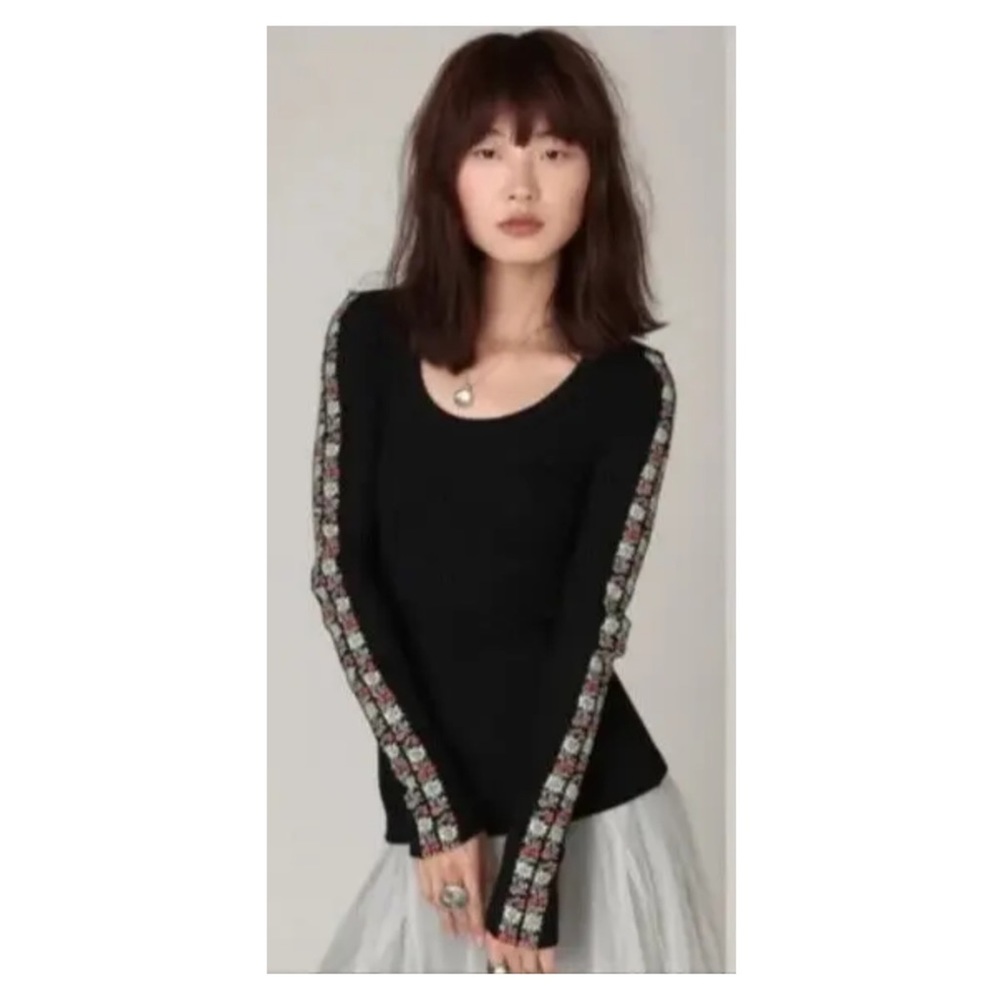 Free People Black Long Sleeve Top with Patterned Sleeves